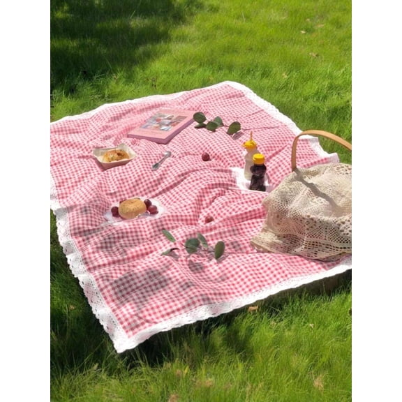 Charming Pink & White Plaid Rectangular Picnic Blanket with Lace Trim - 1 Pack