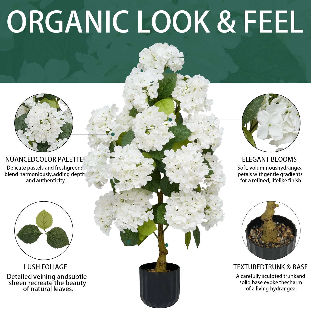 2Pcs 3-Foot Artificial Hydrangea Tree White and Evergreen Leaves Suitable for Indoor and Outdoor Bonsai Decoration