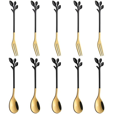 

Stainless Steel Black & Gold Leaf Coffee Spoon Cake Fork- 10 Pcs Creative Tableware Dessert Spoons Premium Food Grade S
