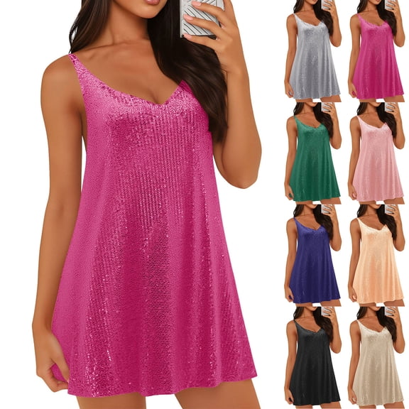 Timegard Sparkly Dresses for Women V Neck Sequin Sleeveless Mini Dresses Party Club Summer Dresses
