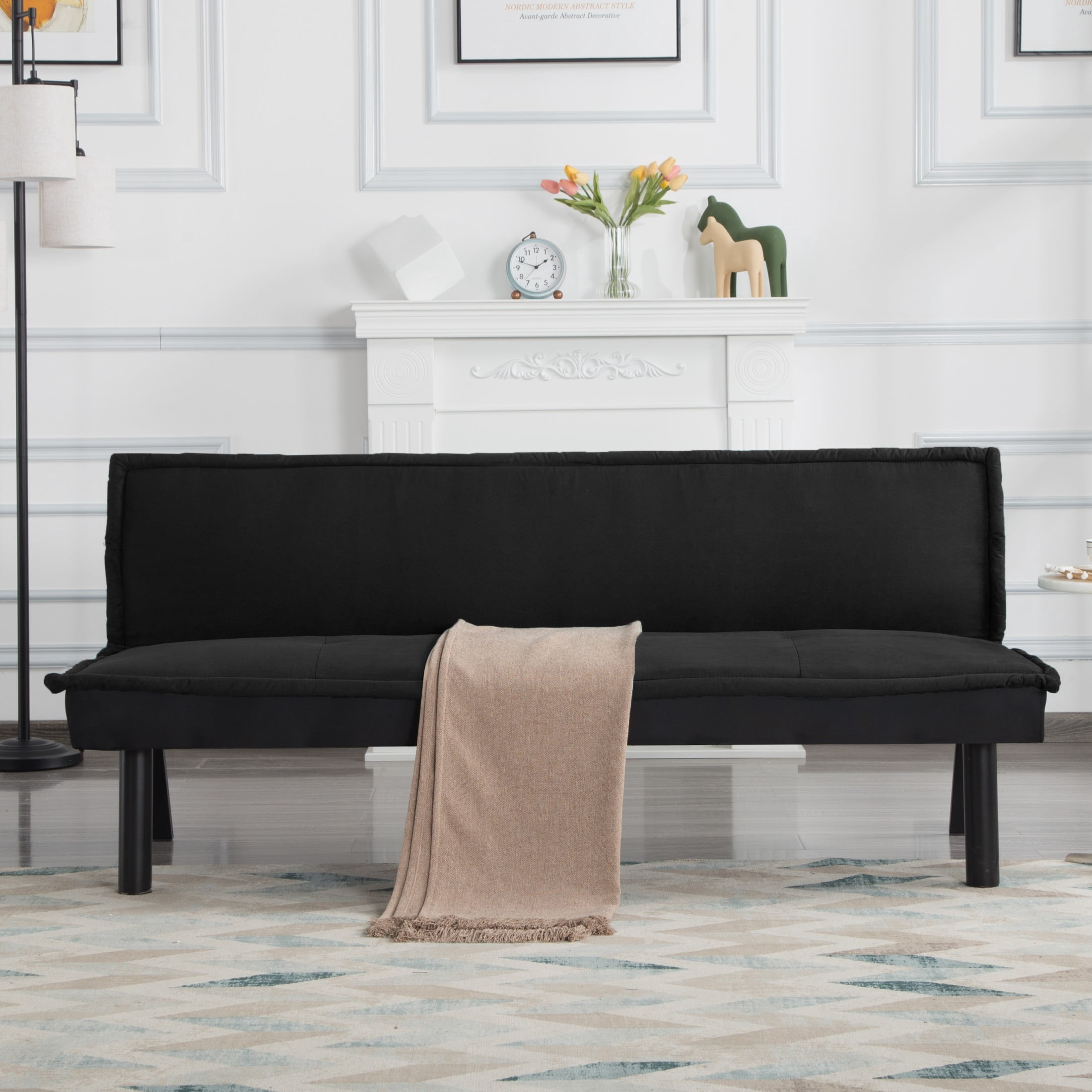 Gewnee 64.6" Convertible Sleeper Sofa Bed, Velvet Futon Couch with Push-Back Mechanism, Modern Sofa Bed for Living Room, Guest Room, Small Space(Black)