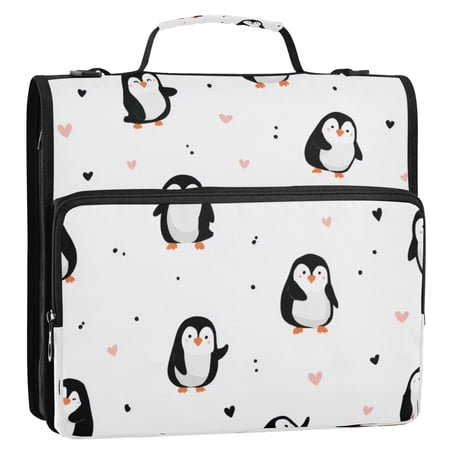 3 Ring Zipper Binder Stationery Organizer for Study Work Home Travel All-Purpose File Folder Storage Bag for Daily Document Organization Charming Penguin Doodle Pattern