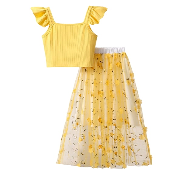 Tiijoy Big Girls Summer Outfits Ribbed Camisole with Floral Mesh Skirt, Sizes 9-10