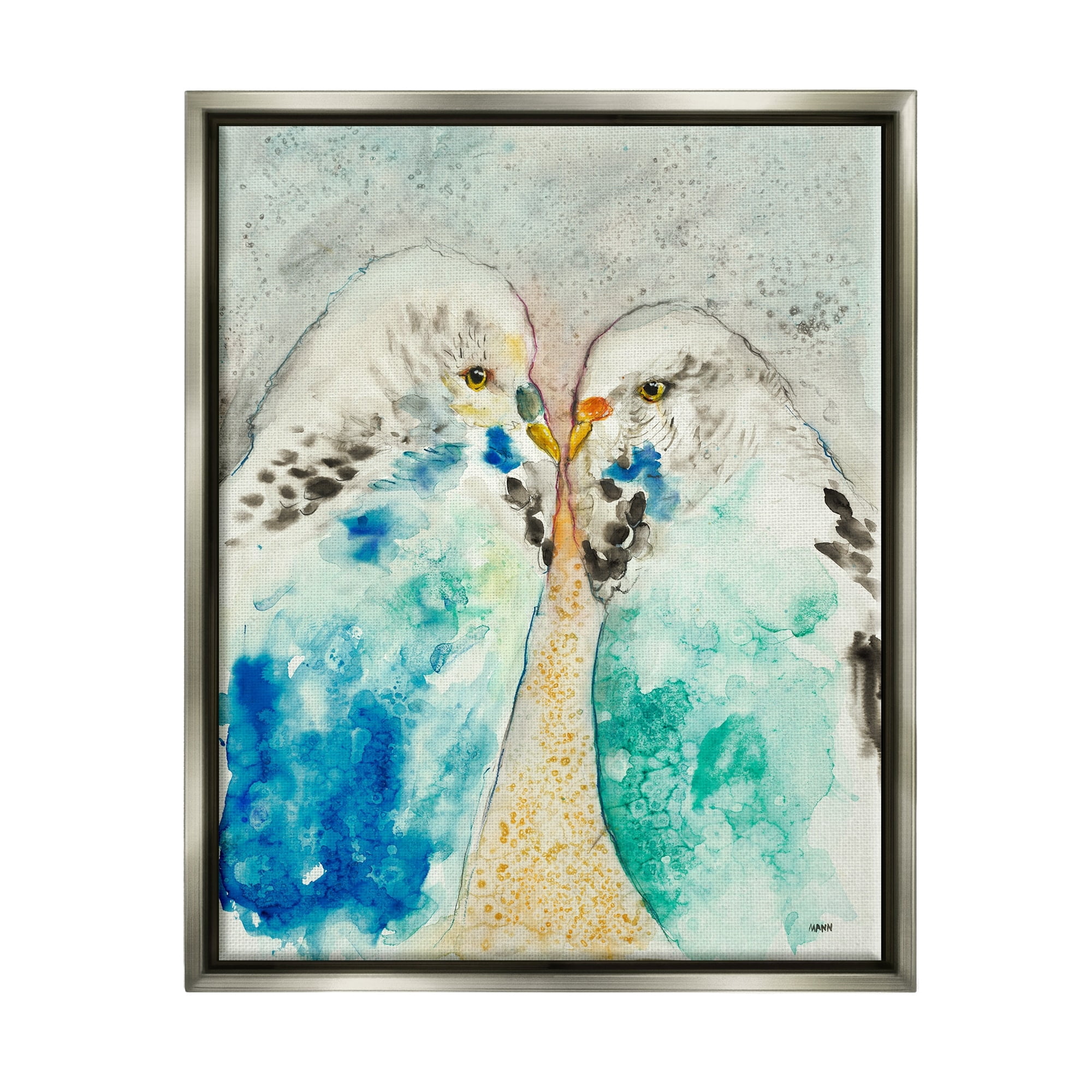 Stupell Industries Pair Blue Parakeets Birds Dotted Watercolor Detail Painting Luster Gray Floating Framed Canvas Print Wall Art, Design by Patti Mann