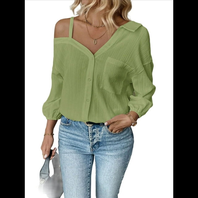 Blusa Asimétrica con Hombros Descubiertos y Larga Abotonada para Mujer, Color Amarillo y Verde, Talla XL