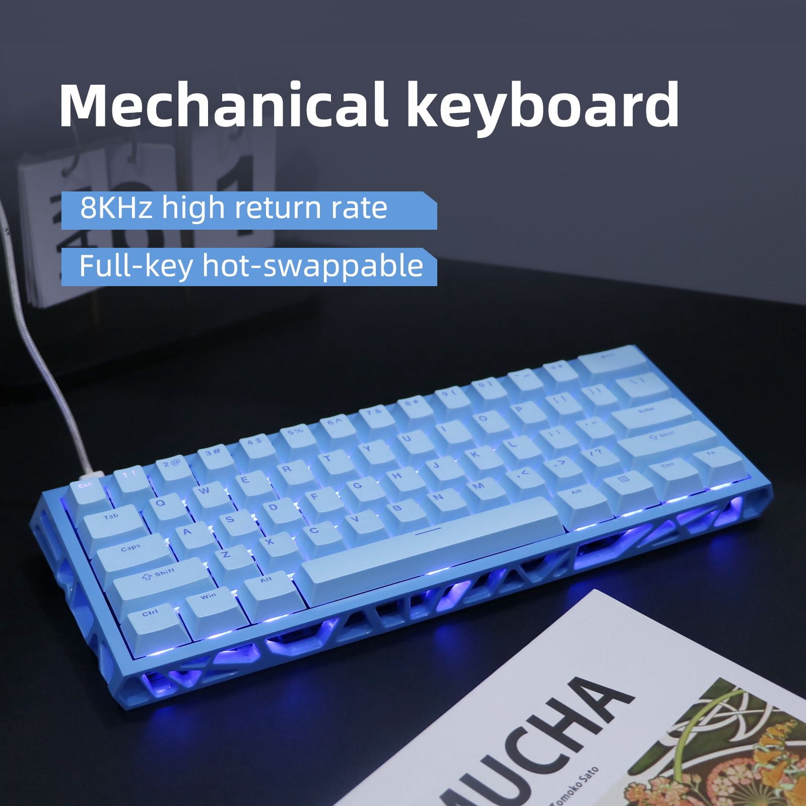 61 Keys Mechanical Keyboard, 60% Layout, Hollow Shell in 6 Colors, RGB Backlit, Full N-Key Rollover, Hot-Swappable Linear Red Switch, Backlit PBT Keycaps