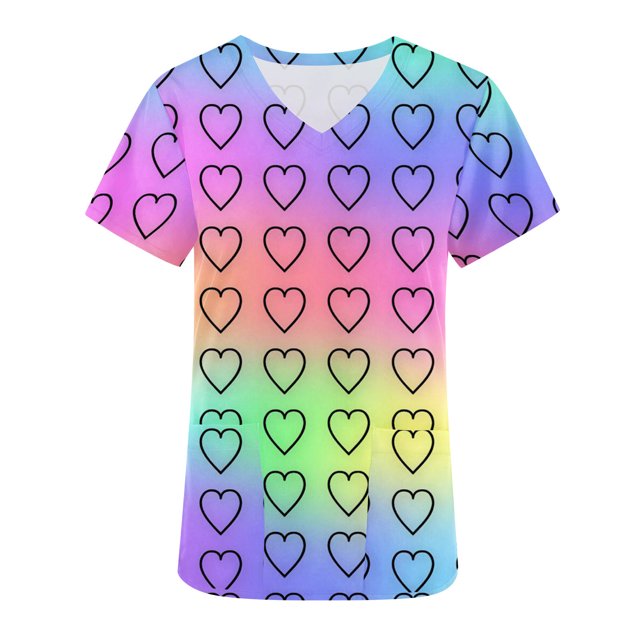TIMIFIS Hauts de Sarrau de la Saint-Valentin pour Femmes Imprimés Uniforme de Travail à Manches Courtes Col en V Blouse T-shirt de Travail avec Poches - Imprimé Multicolore