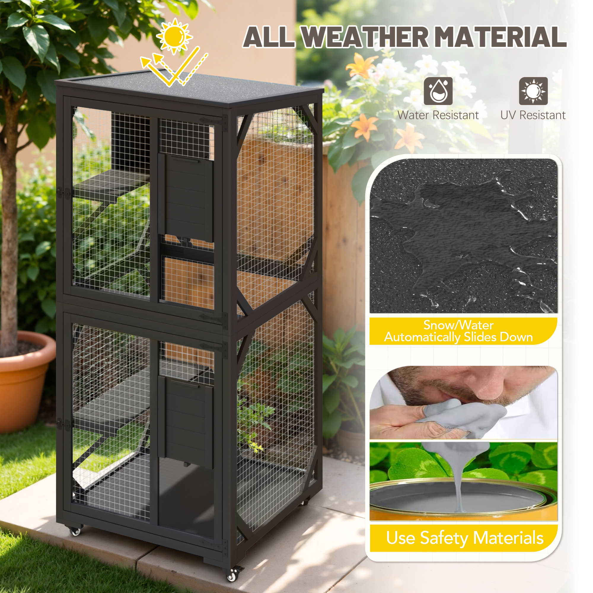 Furmax Outdoor Cat Catio Large Wooden Cat House Patio for Indoor Cats Feral Cat Shelter with 2 Espace Doors, 1 Resting Rooms, 3 Platforms, Waterproof roof