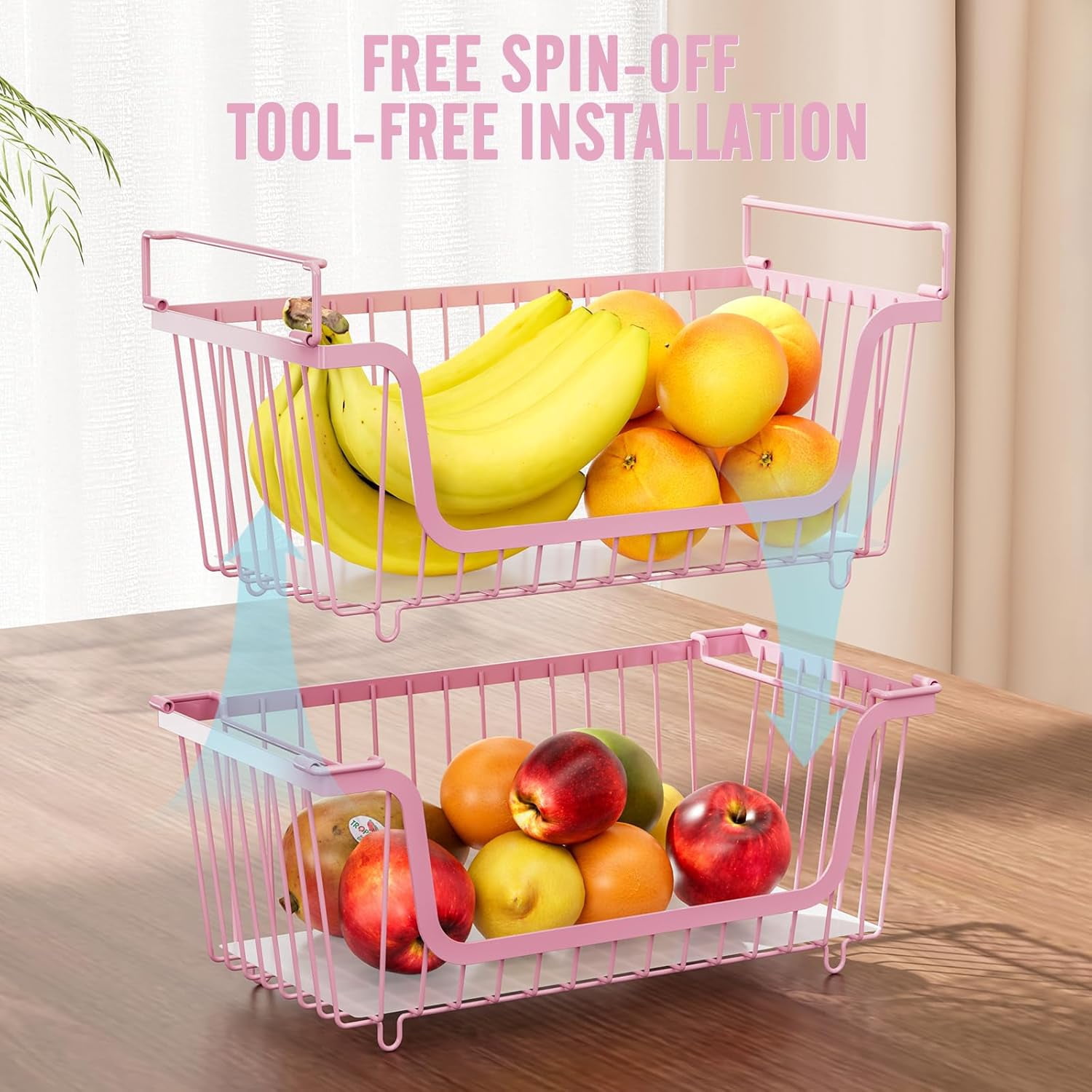 4 Pcs Stackable Wire Baskets for Pantry Organizers and Storage,Vegetable Fruit Basket for Countertop,Kitchen Storage Metal Baskets,Produce Potato Onion Storage Bin,Black