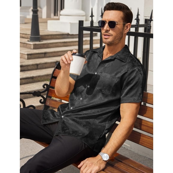 COOFANDY Men's Silk Satin Dress Shirts Jacquard Short Sleeve Floral Button Up Shirts Party Prom Wedding Shirt