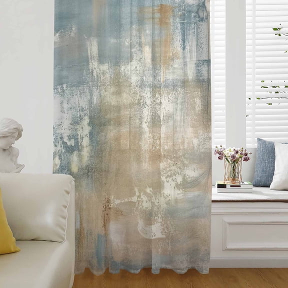 Blue Brown Semi Sheer Curtains Drapes for Living Room, Bedroom, French Doors Window 84 Inches Long, Vintage Modern Oil Painting Art Abstract Rod Pocket Chiffon Curtain Drapery Voile Draperies Panel