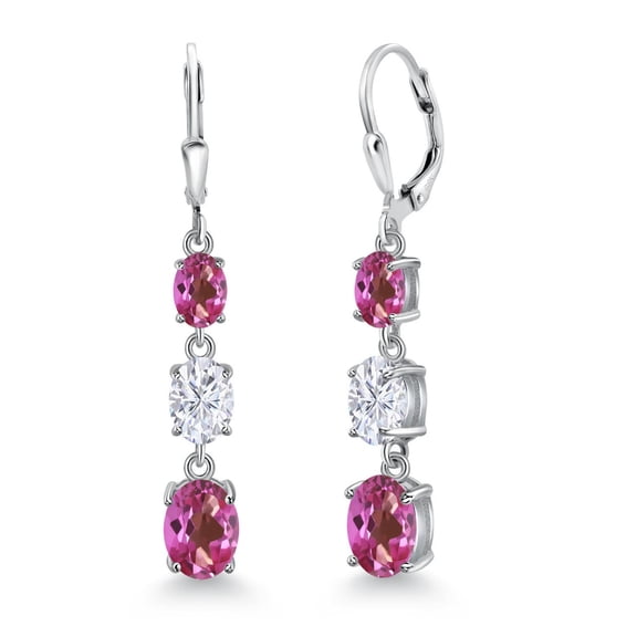 Gem Stone King 925 Sterling Silver Pink Mystic Topaz 3 Stone Dangle Earrings for Women (5.40 Cttw, Gemstone Birthstone, Oval 8X6MM, 7X5MM and 6X4MM)