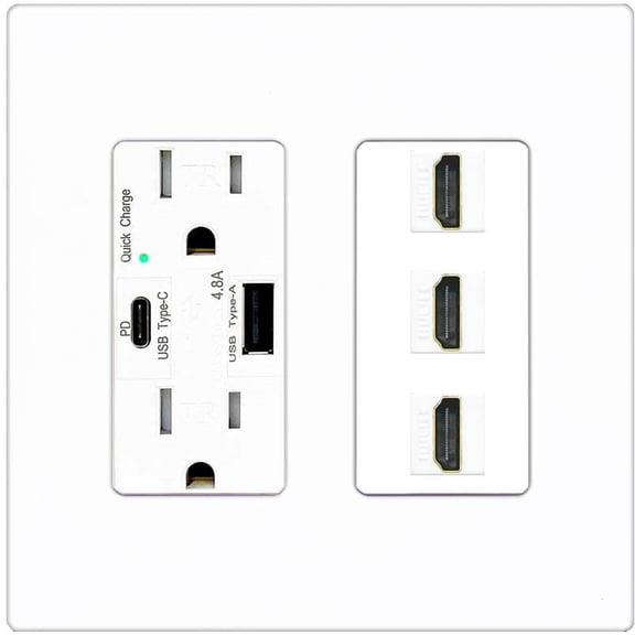 RiteAV 3 Port HDMI Wall Plate - USB A C Charger [Screwless White]