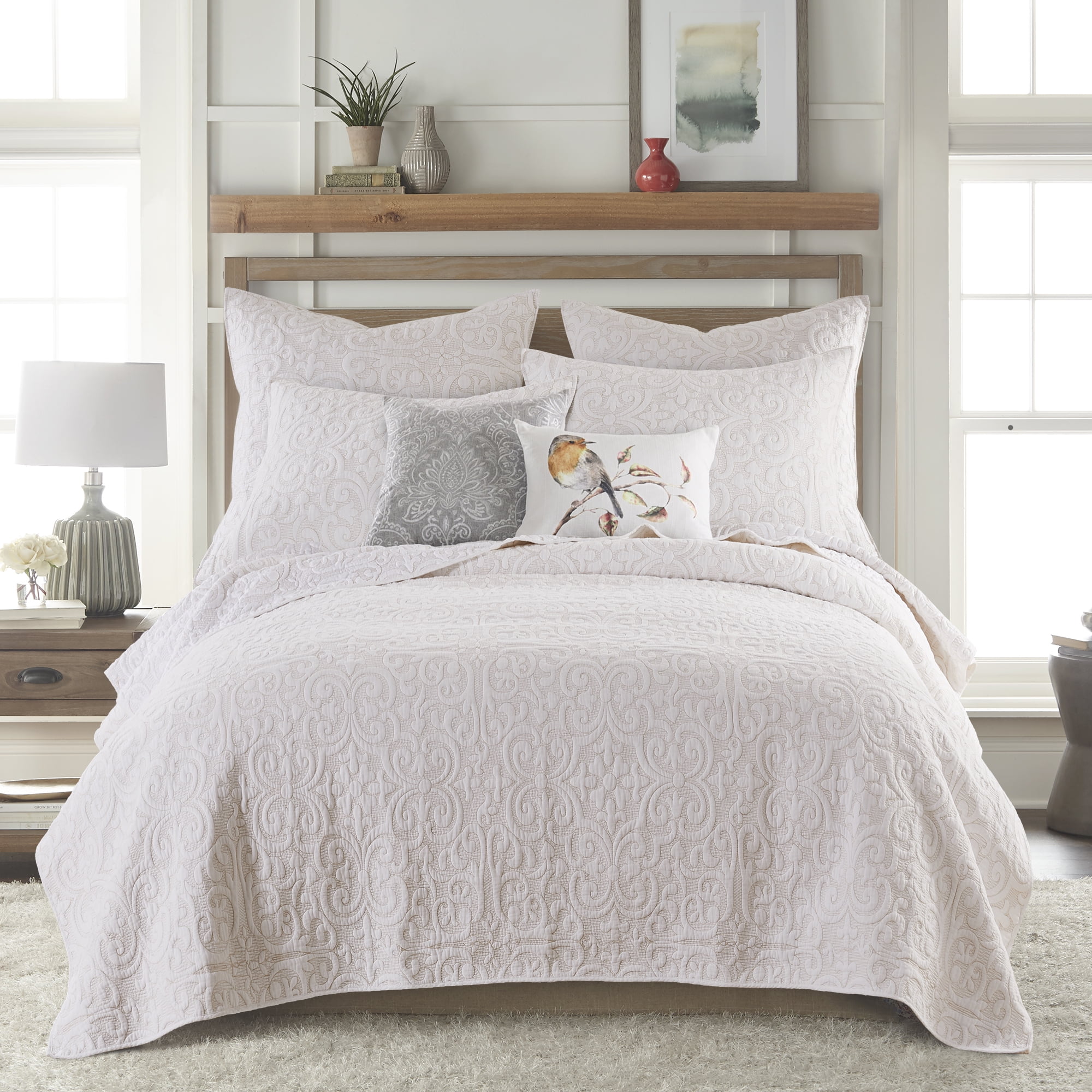 Levtex Home Birch Hill Sherbourne Sham - Quilted Medallion White with Taupe Stitch - King Sham - (36 x 20in.) - Reversible - Cotton Front/Microfiber Reverse - Sold as a set of 2 shams