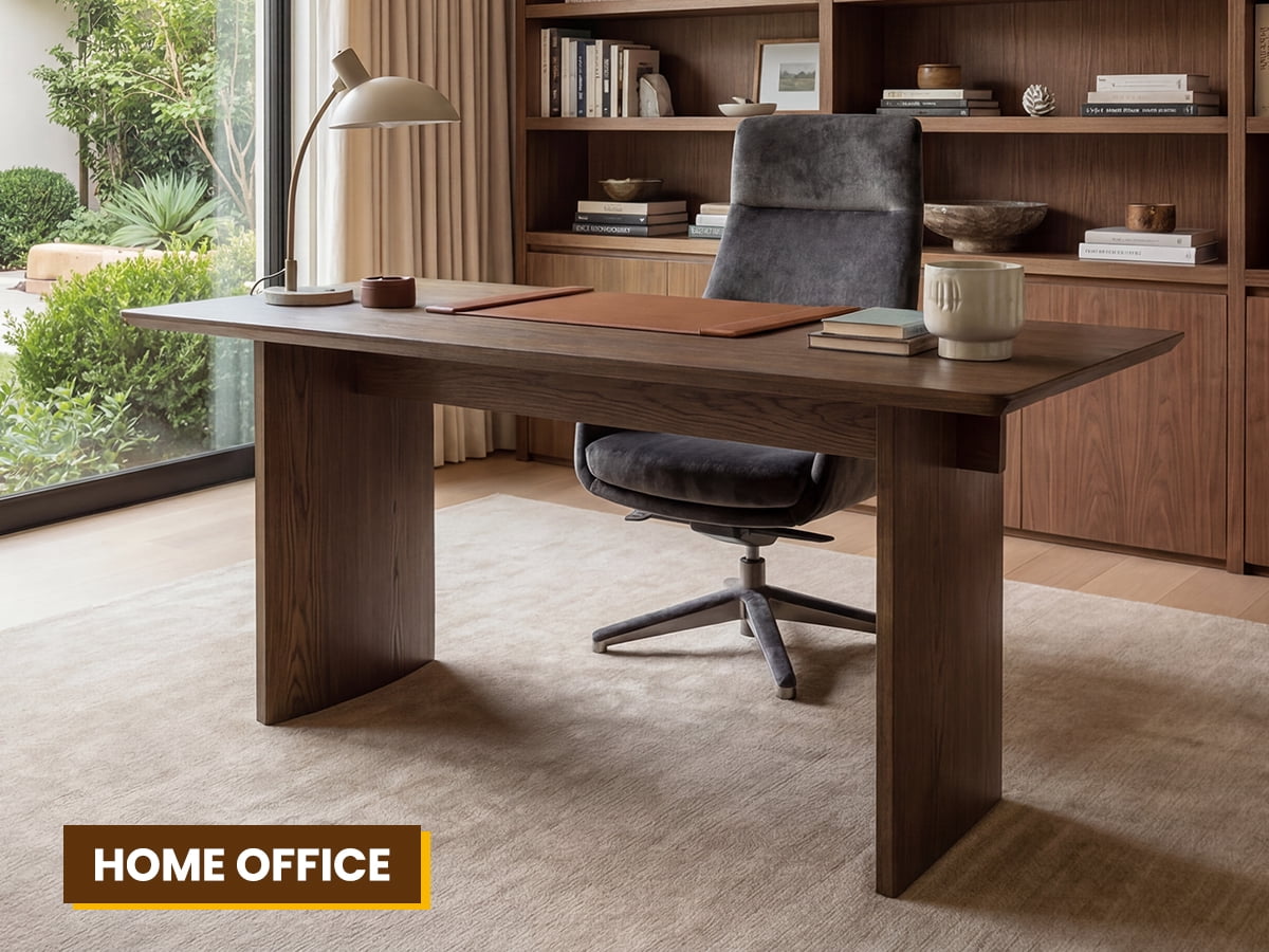 Guyou 55" Natural Oak Desk, Light Wood Finish MDF Study Table, Versatile Vanity & Office Desk with Sculptural Legs, Sturdy Two-Pedestal Design for Work & Study, Walnut