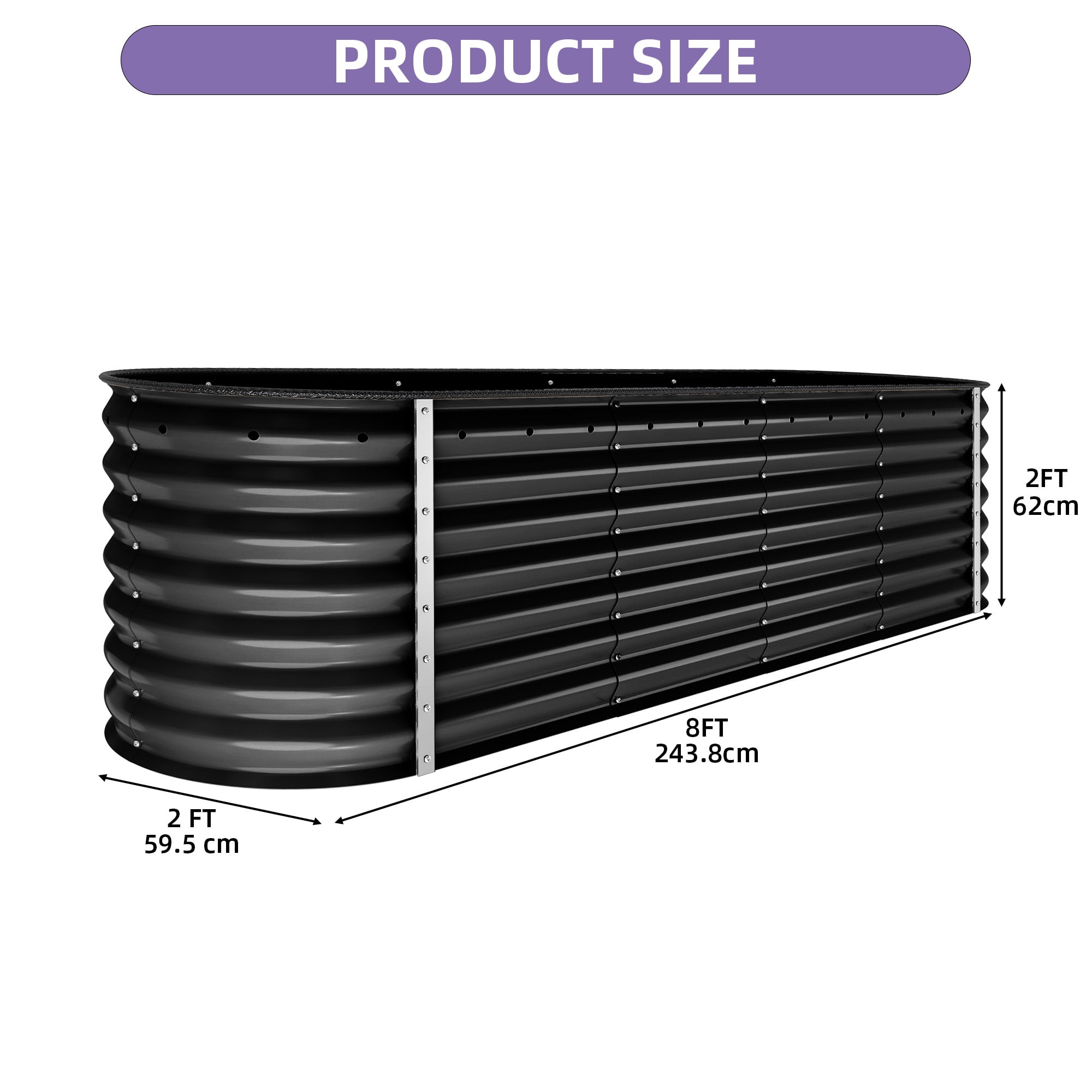 Uforic 8x2x2ft Raised Garden Bed Kit, 24" Tall 9 in 1 Large Galvanized Metal Planter Box, Outdoor Plant Bed for Vegetables Flowers, Come with Gloves, Safety Rubber & Support Rod,Dark Gray
