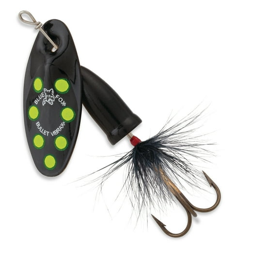 Blue Fox Vibrax Bullet Fly 1 Spinner Fishing Lure 3/16oz Black/Flo Yellow Dots
