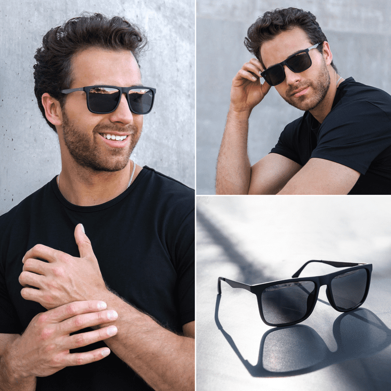 WearMe Pro - Flat Top Polarized Lens Square Black Sunglasses for Men