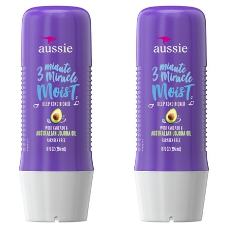 Instant Moist Daily Treatment - Dry Hair Repair - Aussie Paraben-Free Miracle Moist 3 Minute Miracle w/ Avocado, 8.0 fl oz Twin Pack