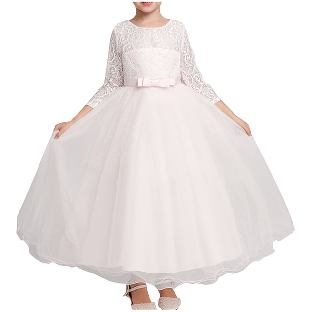 MeetoTime Robe Fille Manches Longues Dentelle Col Rond Broderie Maille Princesse Nœud Robes 3-12 Ans Robe de Soirée Longue