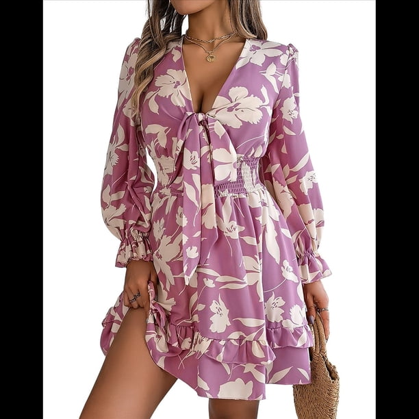 Vestido de Verano de Tirantes Acampanado con Cuello en V y Mangas Largas para Mujer Púrpura XL