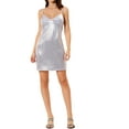 thumbnail image 3 of INSPIRE CHIC Women's  Metallic Glitter Cowl Neck Spaghetti Strap Prom Mini Dress XL Silver, 3 of 8