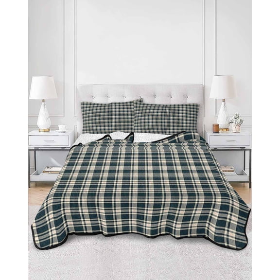Quilts Twin Size, Green Beige Buffalo Plaid Soft Comforter Bedding Set for Bed, Farmhouse Checkered Lightweight Quilted Bedspread with Pillow Cover(2 Pieces) for All Season, 68x86 Inch
