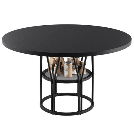47 Inch Round Dining Table for 4-6 People with Storage Shelf Kitchen Table & Office Desk Sturdy Metal Frame for Small Space Black