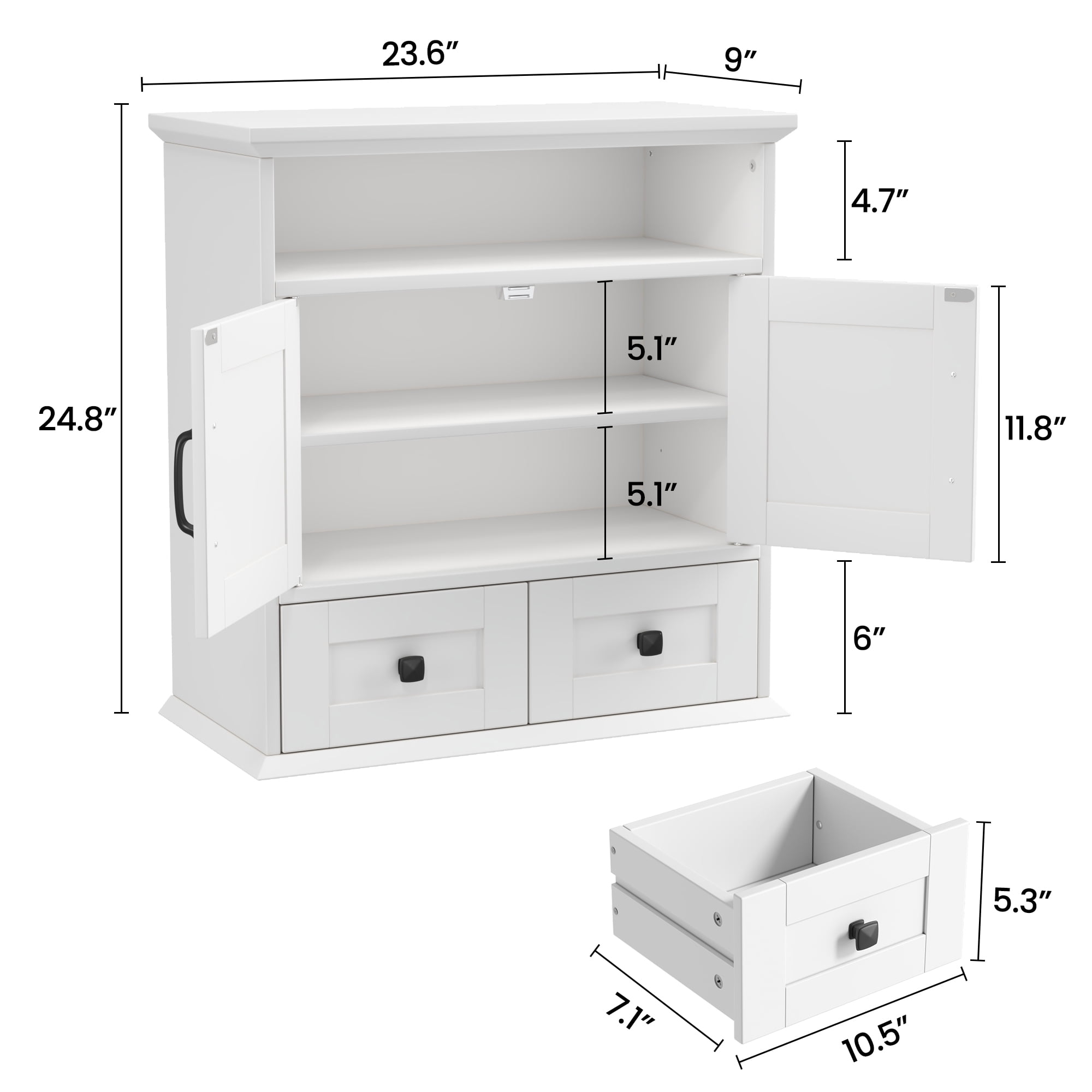 NEGYLIM Wall Mounted Bathroom Cabinet with Barn Door, 2 Drawers and Adjustable Shelves, over Toilet Storage Cabinet for Bathroom Laundry Room, White