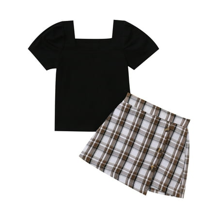 

GWAABD Toddler Summer Outfits Black Cotton Kids Toddler Baby Girls Short Sleeve Solid Tops Patchwork Plaid Skirt 2PCS Outfits Set 120