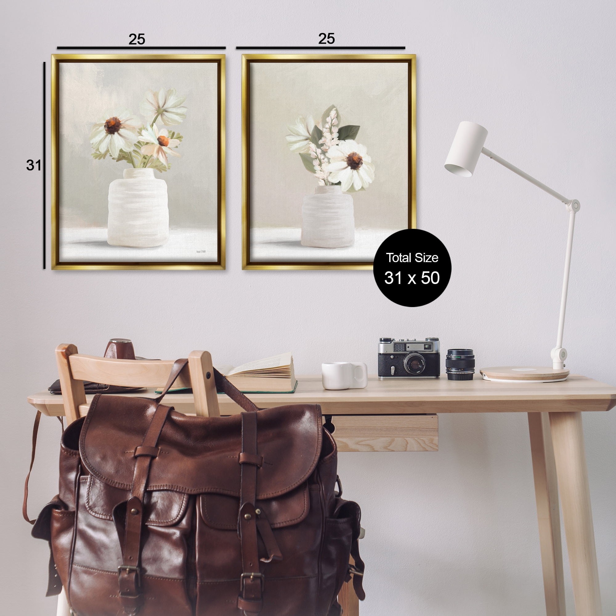 Stupell Industries Simply Elegant Floral Vase Plants & Flowers Painting Gold Floater Framed Canvas Art Print Wall Art, 31 x 25, Set of 2