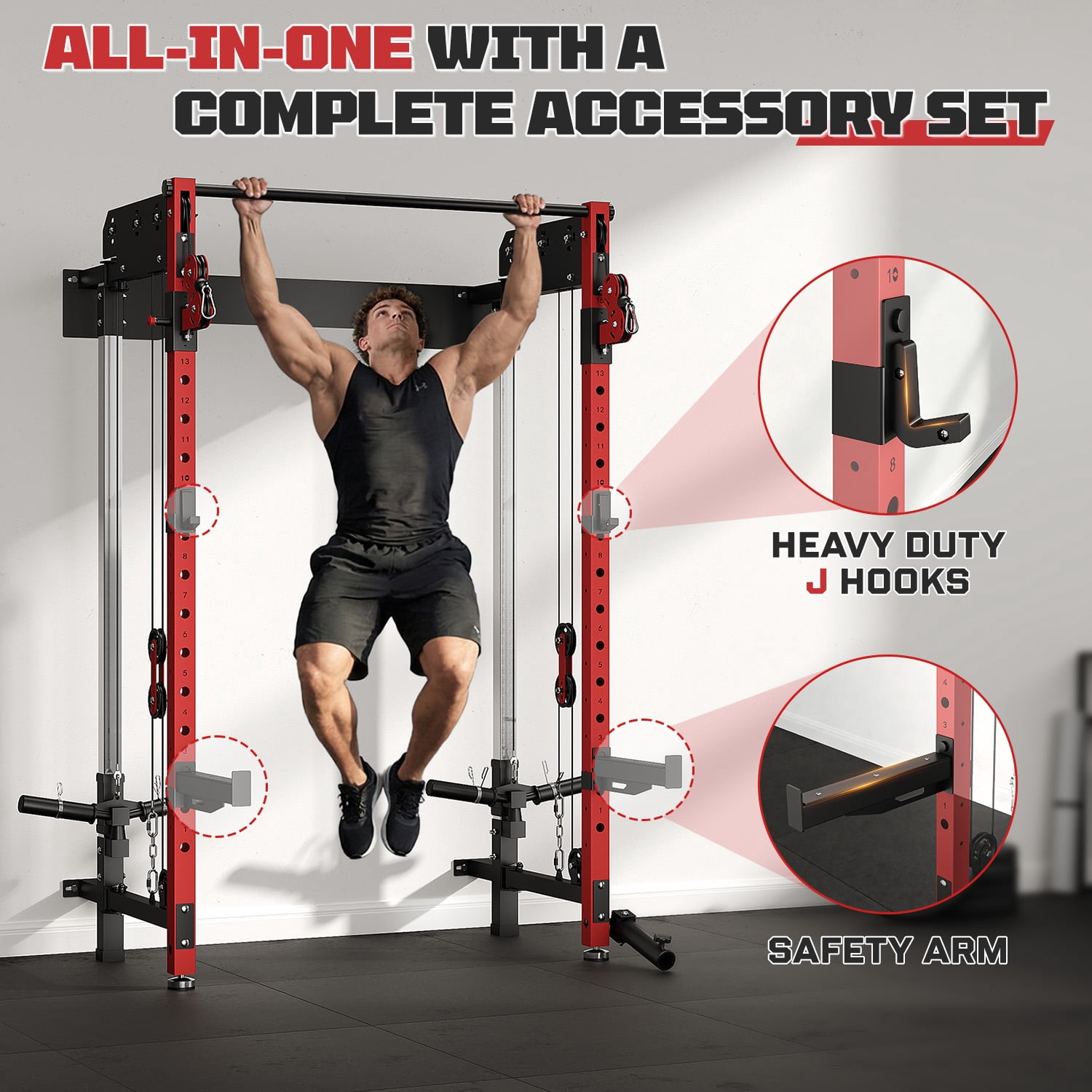 Wall Mounted Folding Squat Rack,1200 LBS Power Rack with Dual Independent Pulley System, 5 Adjustable Modes, Functional Trainer for Space Saving Home Gym with 1000 LB Weight Bench and Barbell ,Red