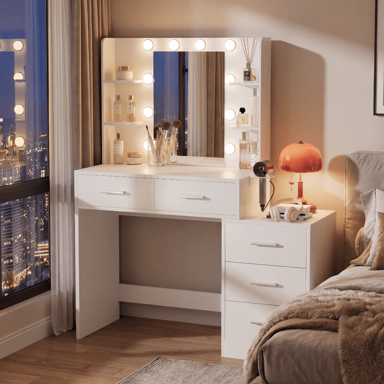 Lacoo Vanity Desk with 5 Drawers & Charging Station, Makeup Vanity with Lights & 4 Shelves, Dressing Table for Bedroom, White