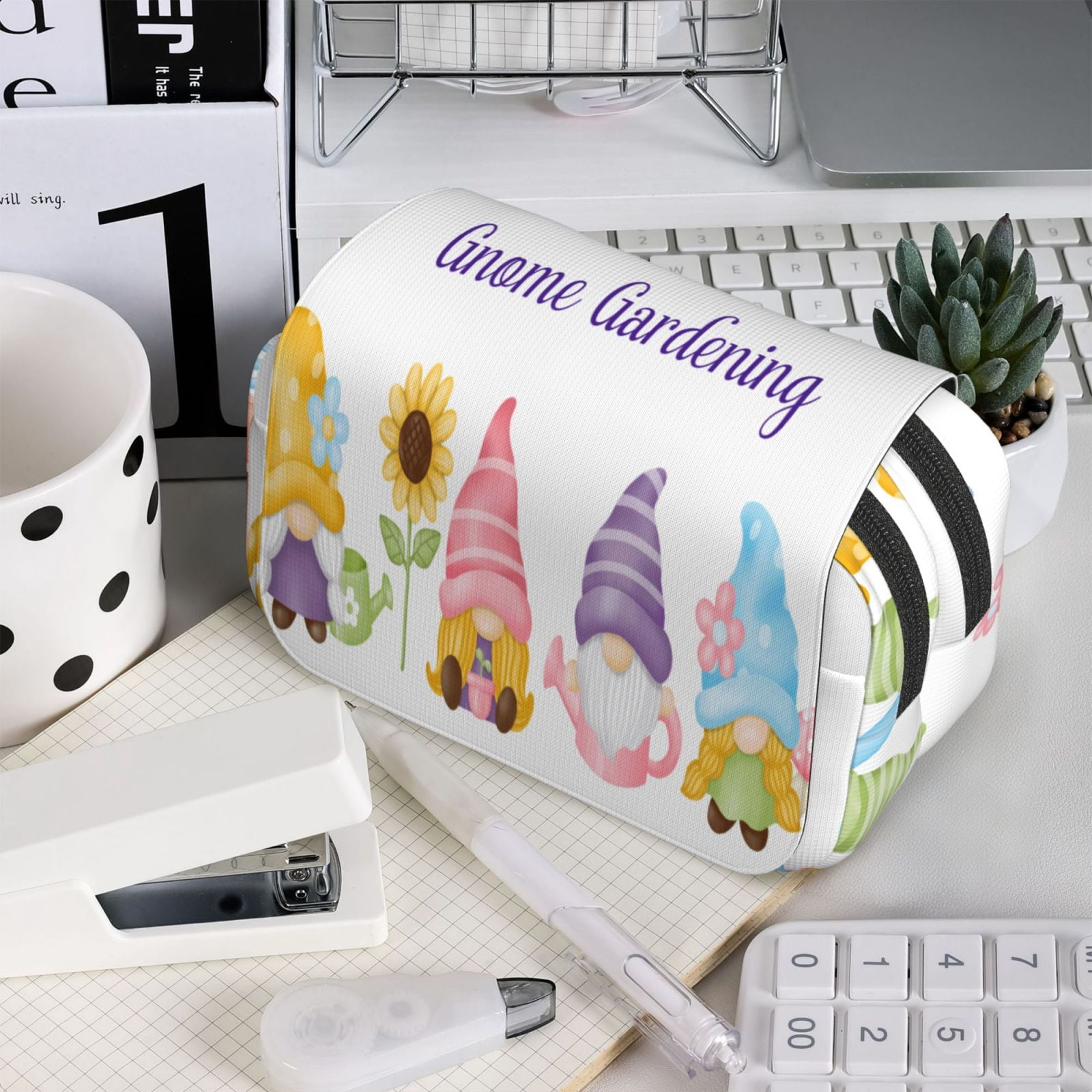 Rateoe Watercolor Gnome Garden Pattern Double Clamshell Pen Case, Storage Organizer with Two Zipper Compartments– Holds Up to 50 Pencils & Pens