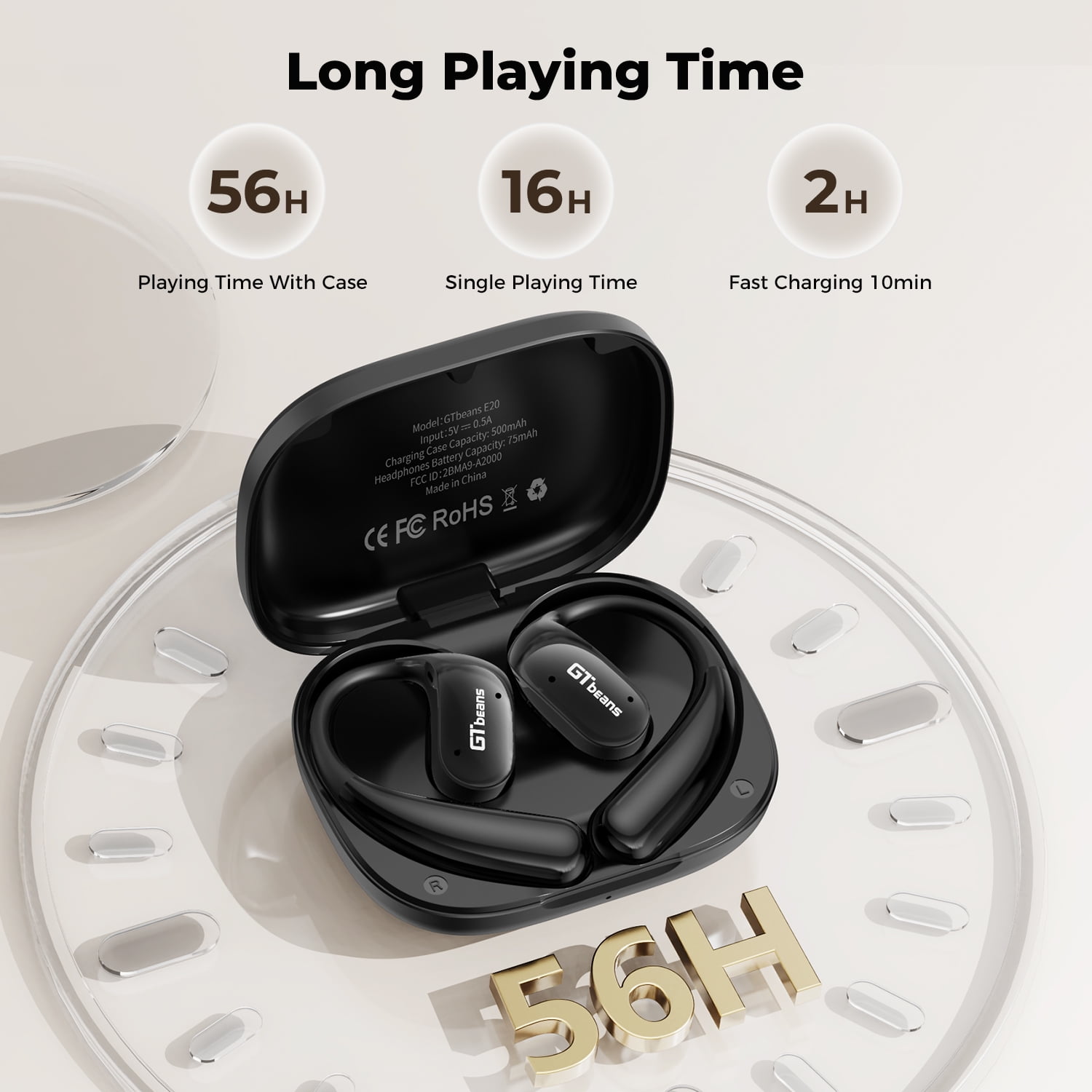 GTbeans E20 Open-Ear Earphones OWS Ear Hooks Wireless Bluetooth 6.0 Headphones IP55 Waterproof 56 Hrs Playtime 4 Mic Clear Call Sports Earbuds, Black