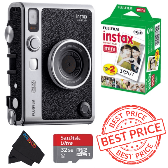 Fujifilm Instax Mini EVO Hybrid Black Instant Camera - Pixi Bundle | Instax Mini Twin Pack Instant Film | 32GB microSD Card with Adapter