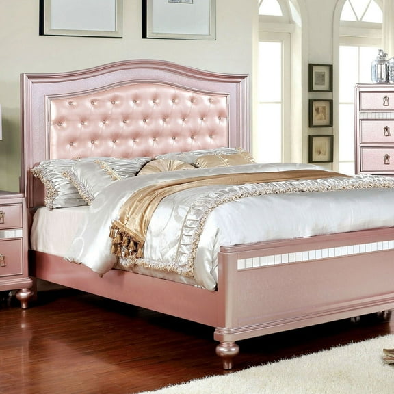 Full Size Bed And 2x Nightstands 3pc Set Bedroom Furniture Acrylic Buttons Tufted Pale Pink Leatherette HB Rose Gold