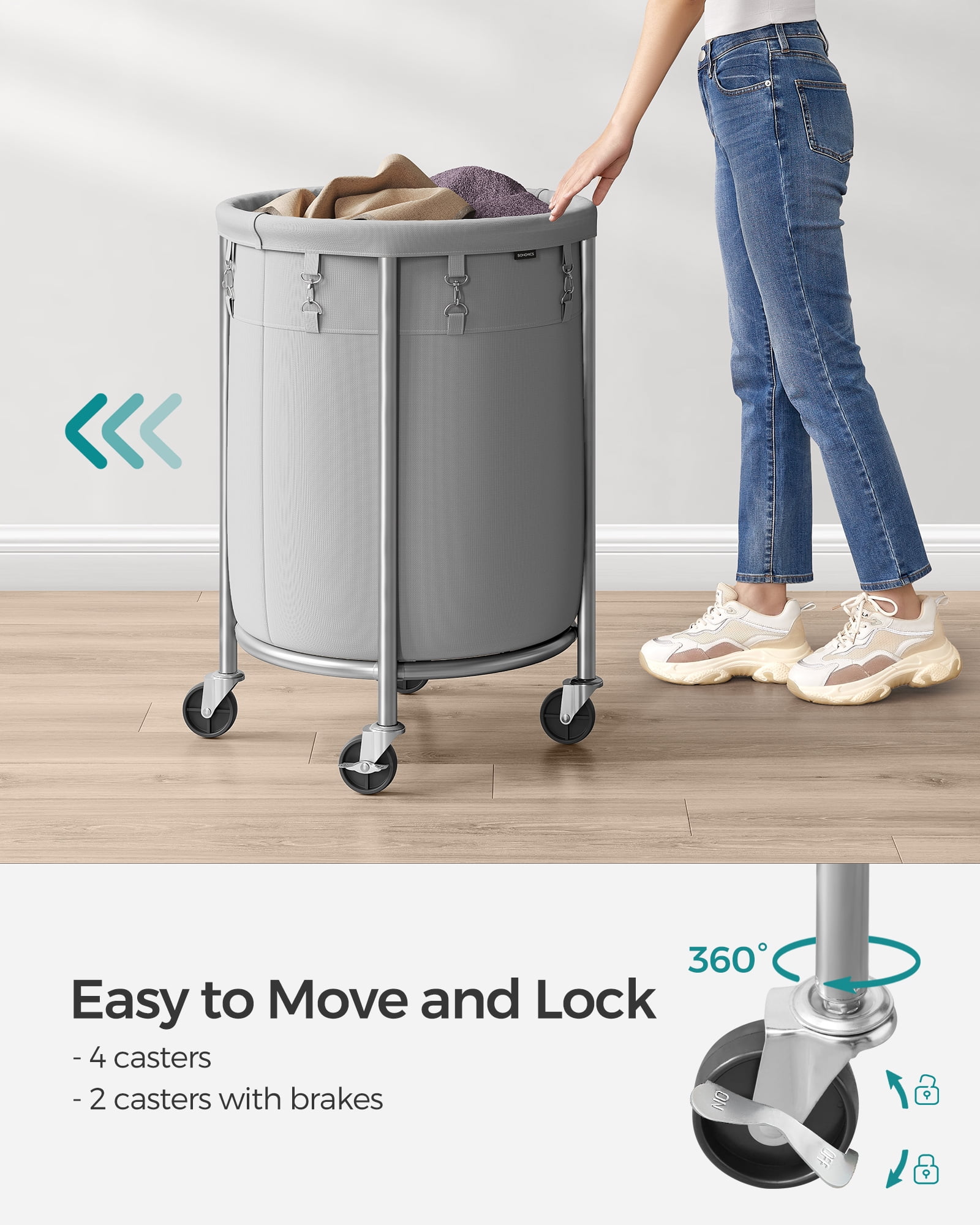 29Gal Round Laundry Sorter Laundry Hamper with Wheels Rolling Laundry Cart with Removable Bag for Laundry Room Gray and Silver