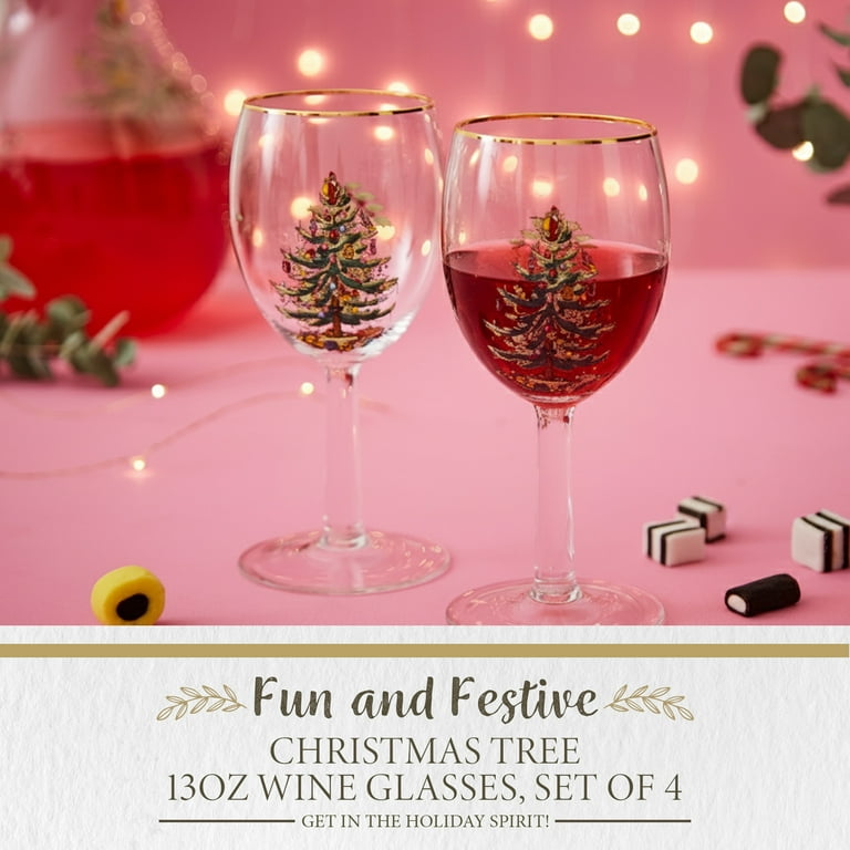 Spode Holiday Glassware - Christmas Tree Wine Goblets with Gold Rims,  Beverage Drink Set of 4 - Walmart.com