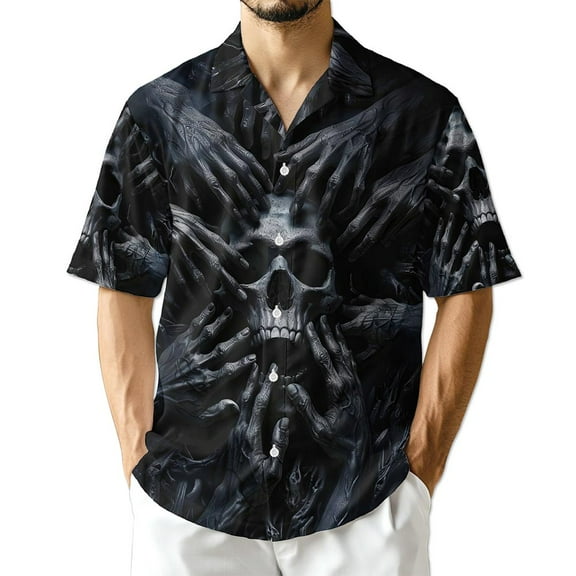 Netecom Dark Skull Hawaiian Shirt for Men, Horror Style, Button Down Summer Beach Short Sleeve, S-5XL