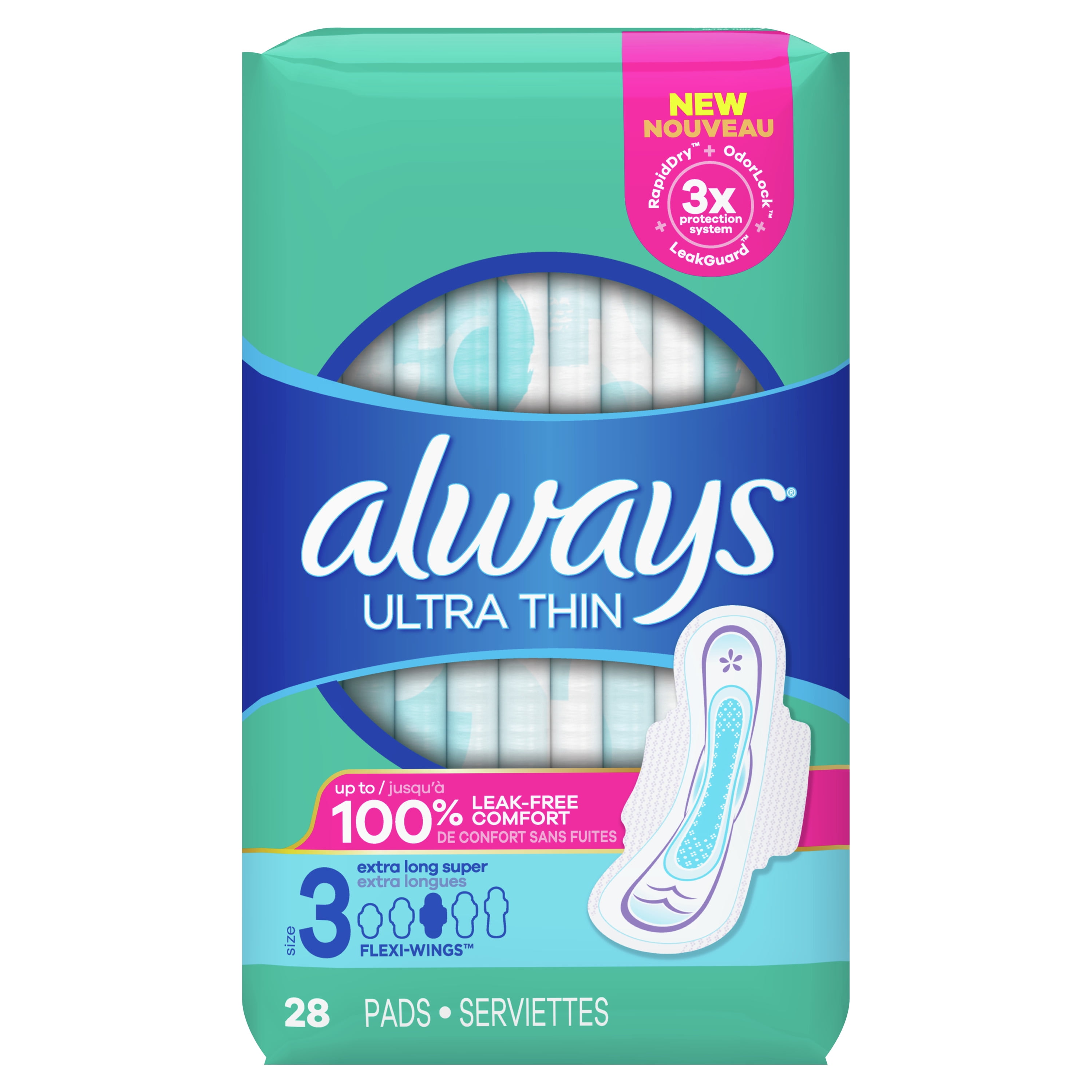 Always Ultra Thin Pads with Wings, Unscented, Extra Long, Size 3, 28 Ct