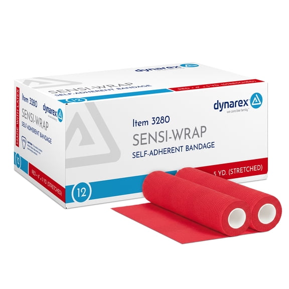 Dynarex Sensi-Wrap Self-Adhesive Bandages, 12-Pack, 6" x 5 yards, Red, Latex, Colored Elastic Cohesive Athletic Tape, Tattoo Grip & Vet Wrap