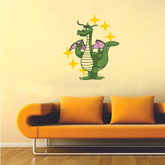Funny Green Dragon Happy Adorable Cartoon Character Wall Art Decal Vinyl Sticker Girls Boy Room Bedroom Nursery Kindergarten House Home Decor Removable Peel and Stick Durable Quality 30x15 inch