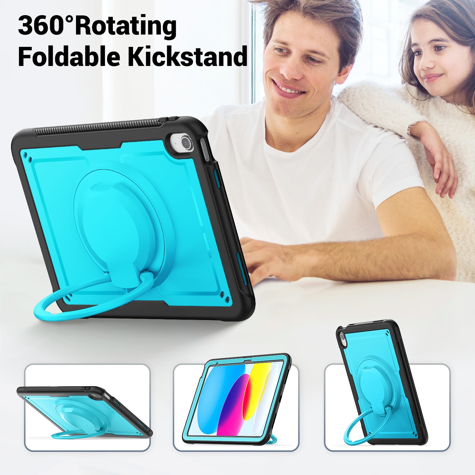 Shockproof Case for Apple iPad 11th 10th Generation 2025 2022, Rugged Hybrid Protective Cover with Pencil Holder & Shoulder Strap Kids Friendly Rotating Stand Case for iPad 11th 10th Gen, Lightblue