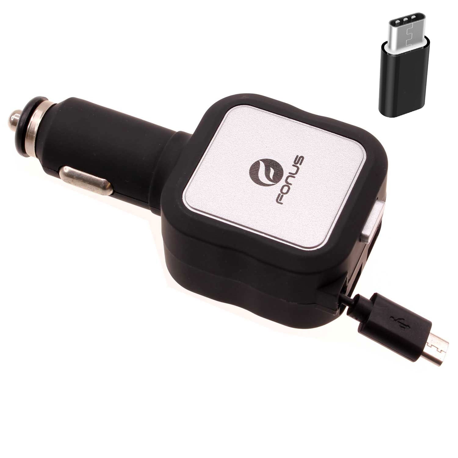 4.8Amp Retractable Car Charger for Samsung Galaxy S24 Ultra/Plus - 2-Port USB USB-C Adapter DC Socket Power Adapter Plug-in