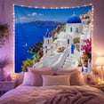 thumbnail image 2 of Santorini Village With Blue Domes Against Azure Sea Serene Coastal Style for Travel Lovers Mediterranean Island Art Decor Housewarming Gift Tapestry Wall Hanging for Bedroom and Living Room, 2 of 7