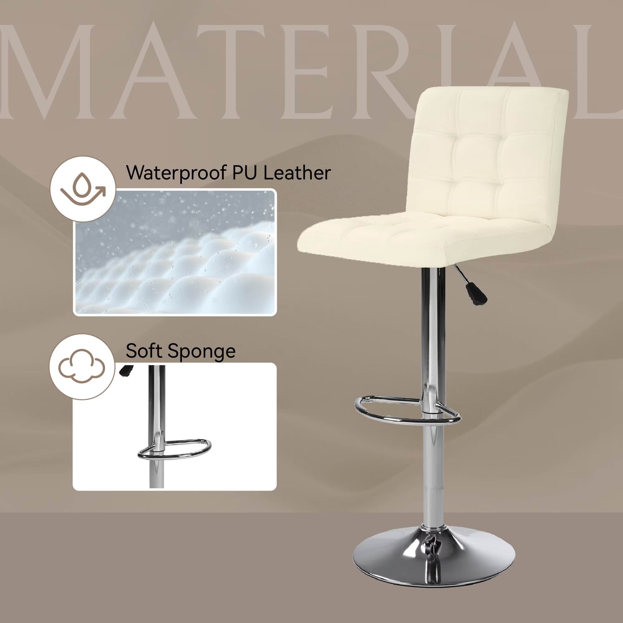 Aukfa Bar Stools Set of 2, Counter Height Adjustable PU Leather Swivel Bar Chairs with Back and Footrest for Kitchen and Dining Room, Beige