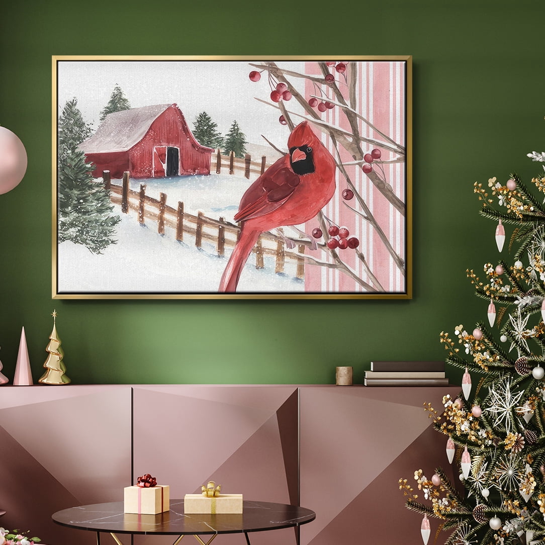 Winter Cardinal Collection A - Framed Gallery Wrapped Holiday Canvas - 17 x 25 - Gold Frame