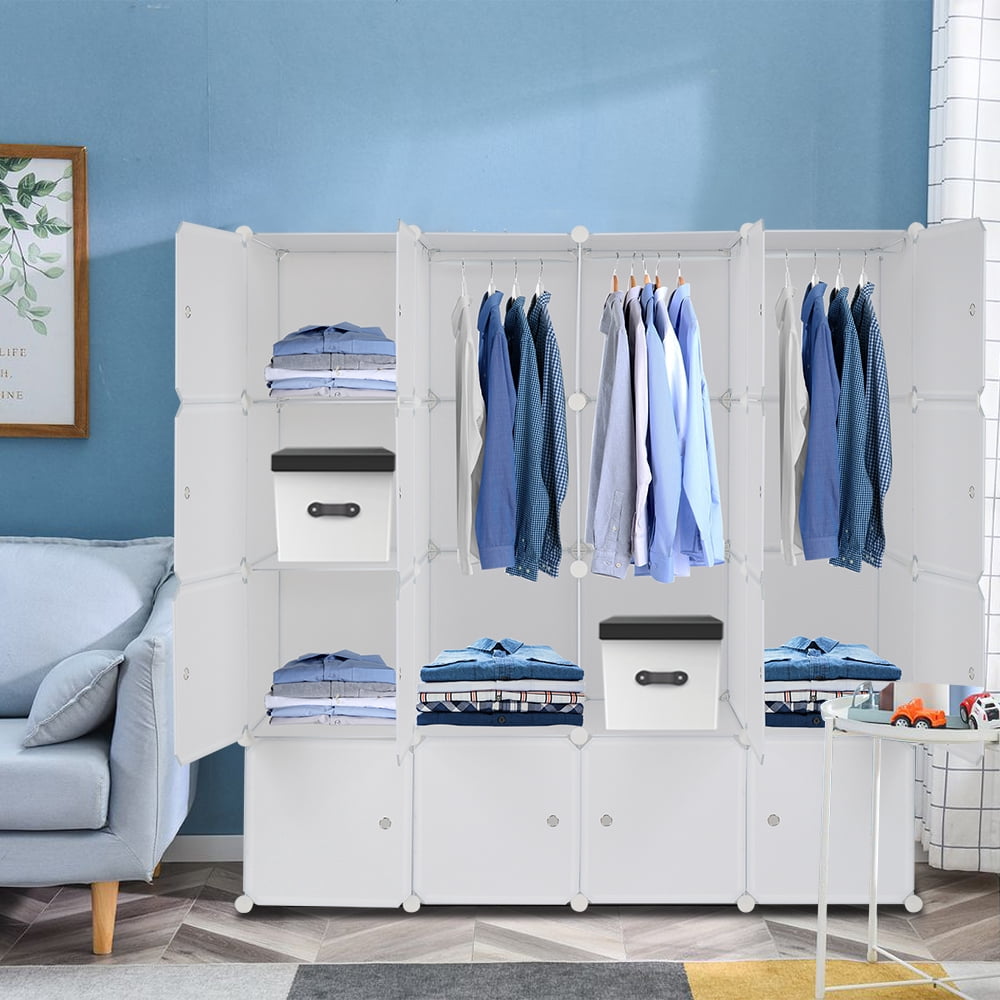 4-layer 16 Cube Organizer Stackable Cube Storage, Plastic + Steel Wire with 3 Clothes Rails, Free to Assemble, White