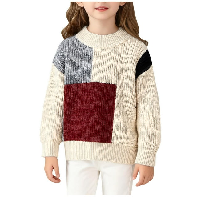ShomPort Chandails pour Filles à Blocs de Couleur Col Rond Tricoté Manches Longues Extensible Chandail Côtelé Chaud Léger Blouses